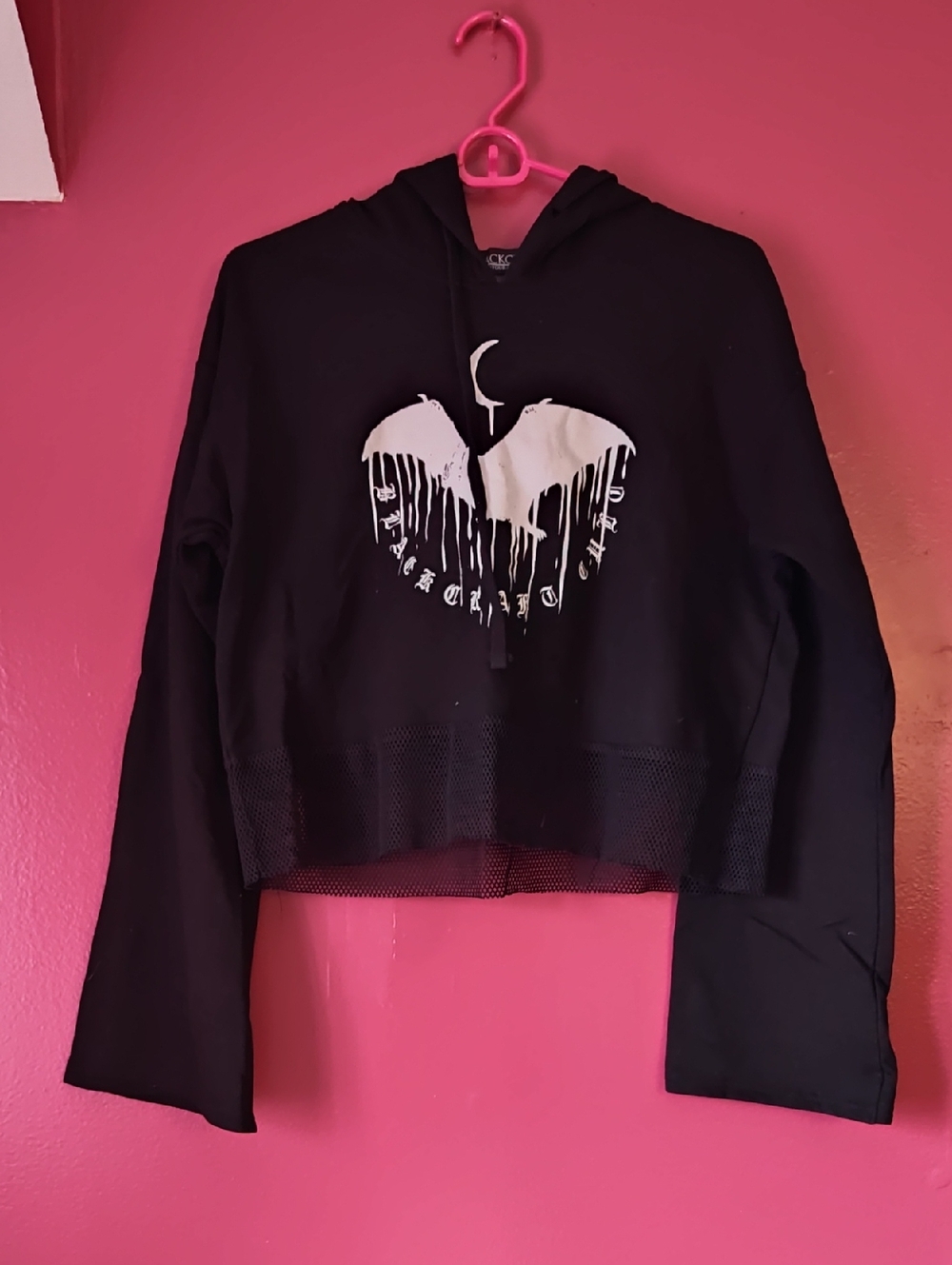Blackcraft Graphic Cropped Hoodie with Bat And Moon Design